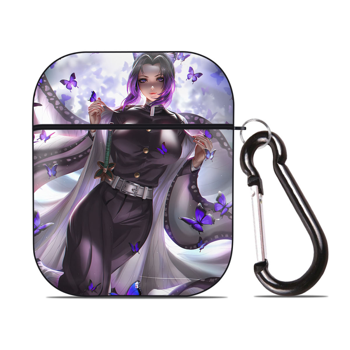 （画像用） 鬼滅の刃（きめつのやいば）蟲柱-胡蝶 しのぶ／こちょう しのぶ Kochou Shinobu AirPods 第2世代保護ケース ハードシェル ブラック 耐衝撃・防指紋・カラビナ付き