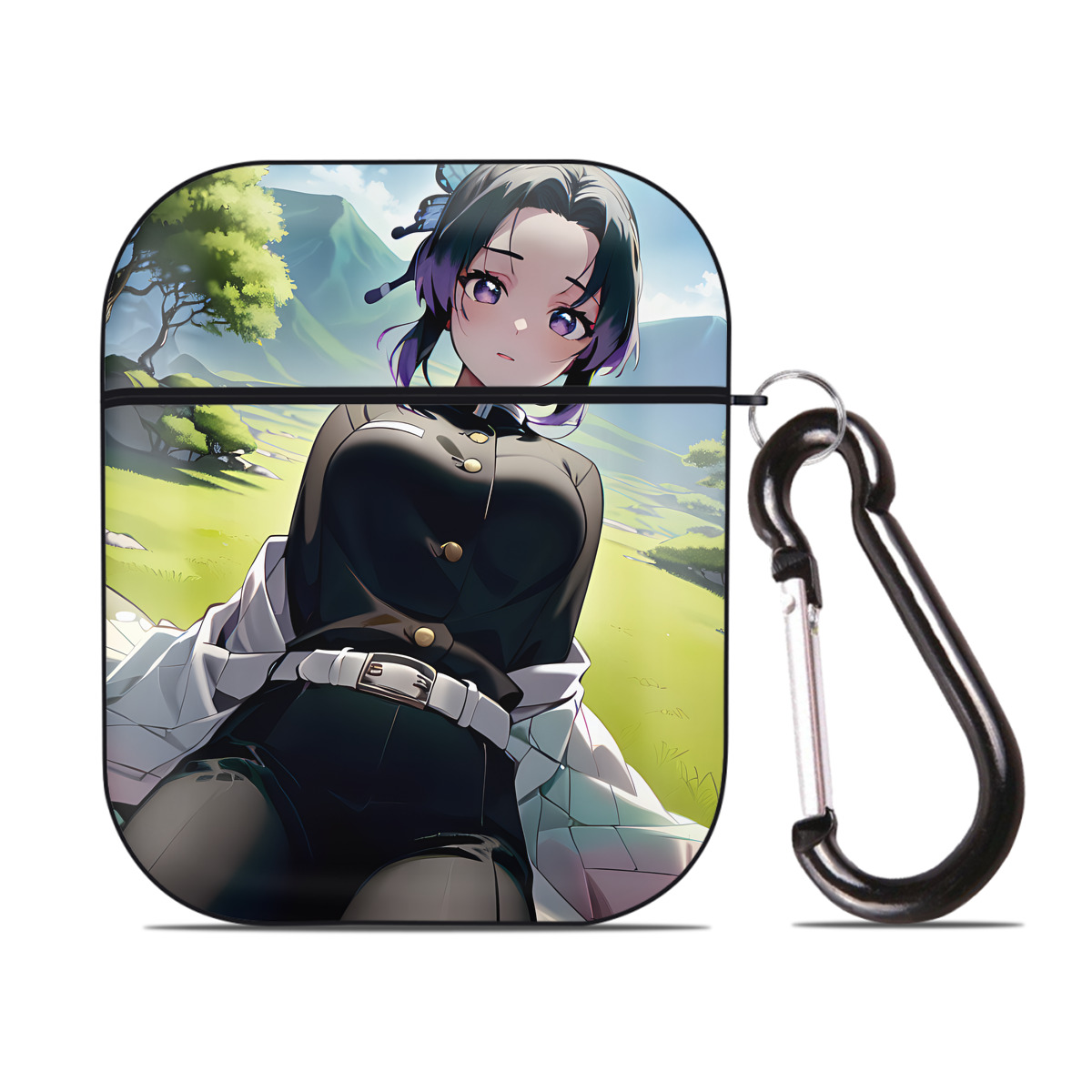 （画像用） 鬼滅の刃（きめつのやいば）蟲柱-胡蝶 しのぶ／こちょう しのぶ Kochou Shinobu AirPods 第2世代保護ケース ハードシェル ブラック 耐衝撃・防指紋・カラビナ付き