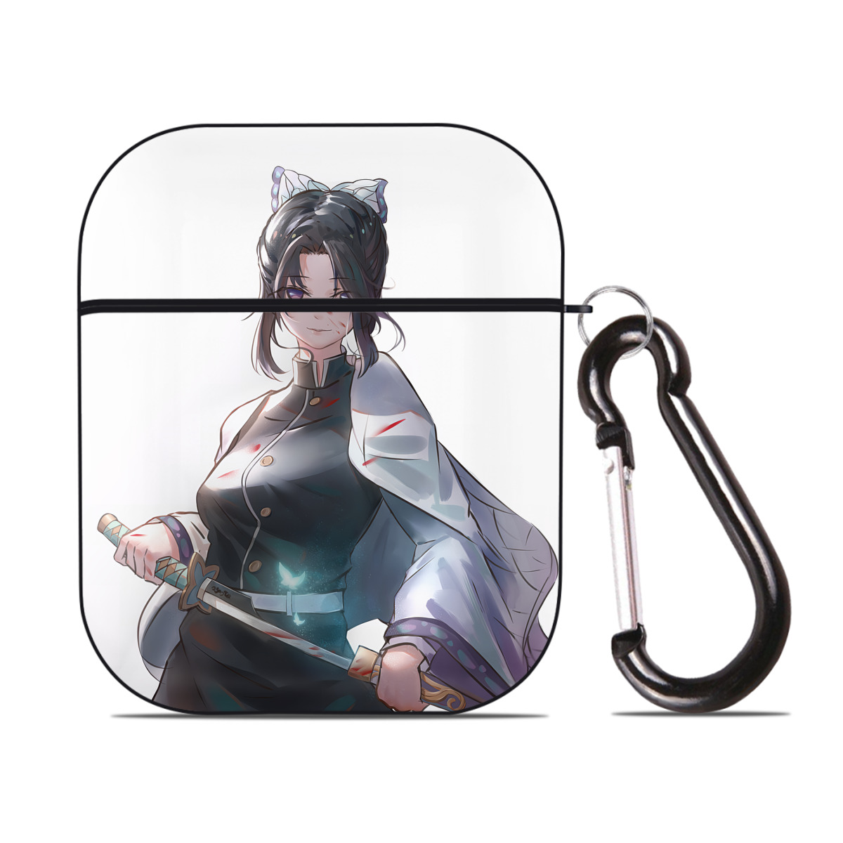 （画像用） 鬼滅の刃（きめつのやいば）蟲柱-胡蝶 しのぶ／こちょう しのぶ Kochou Shinobu AirPods 第2世代保護ケース ハードシェル ブラック 耐衝撃・防指紋・カラビナ付き