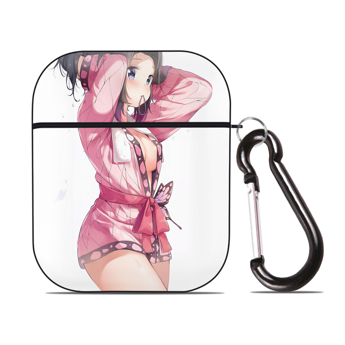 （画像用） 鬼滅の刃（きめつのやいば）蟲柱-胡蝶 しのぶ／こちょう しのぶ Kochou Shinobu AirPods 第2世代保護ケース ハードシェル ブラック 耐衝撃・防指紋・カラビナ付き