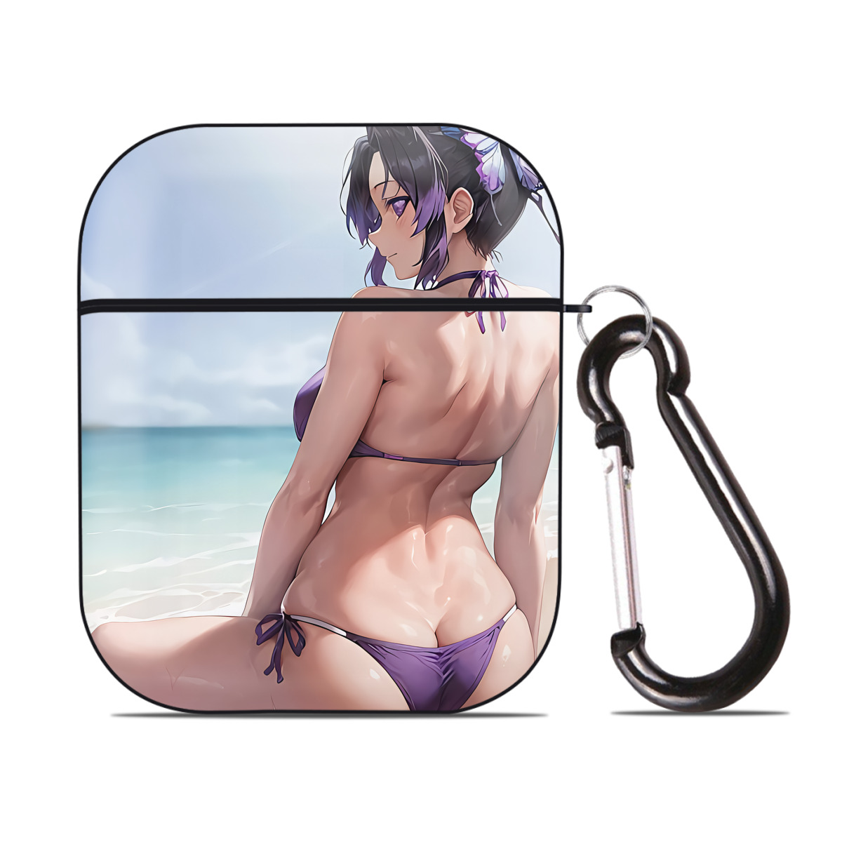 （画像用） 鬼滅の刃（きめつのやいば）蟲柱-胡蝶 しのぶ／こちょう しのぶ Kochou Shinobu AirPods 第2世代保護ケース ハードシェル ブラック 耐衝撃・防指紋・カラビナ付き