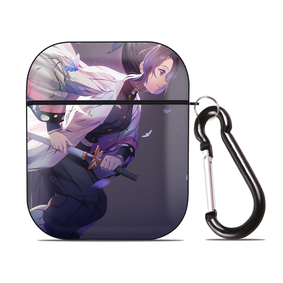 （画像用） 鬼滅の刃（きめつのやいば）蟲柱-胡蝶 しのぶ／こちょう しのぶ Kochou Shinobu AirPods 第2世代保護ケース ハードシェル ブラック 耐衝撃・防指紋・カラビナ付き
