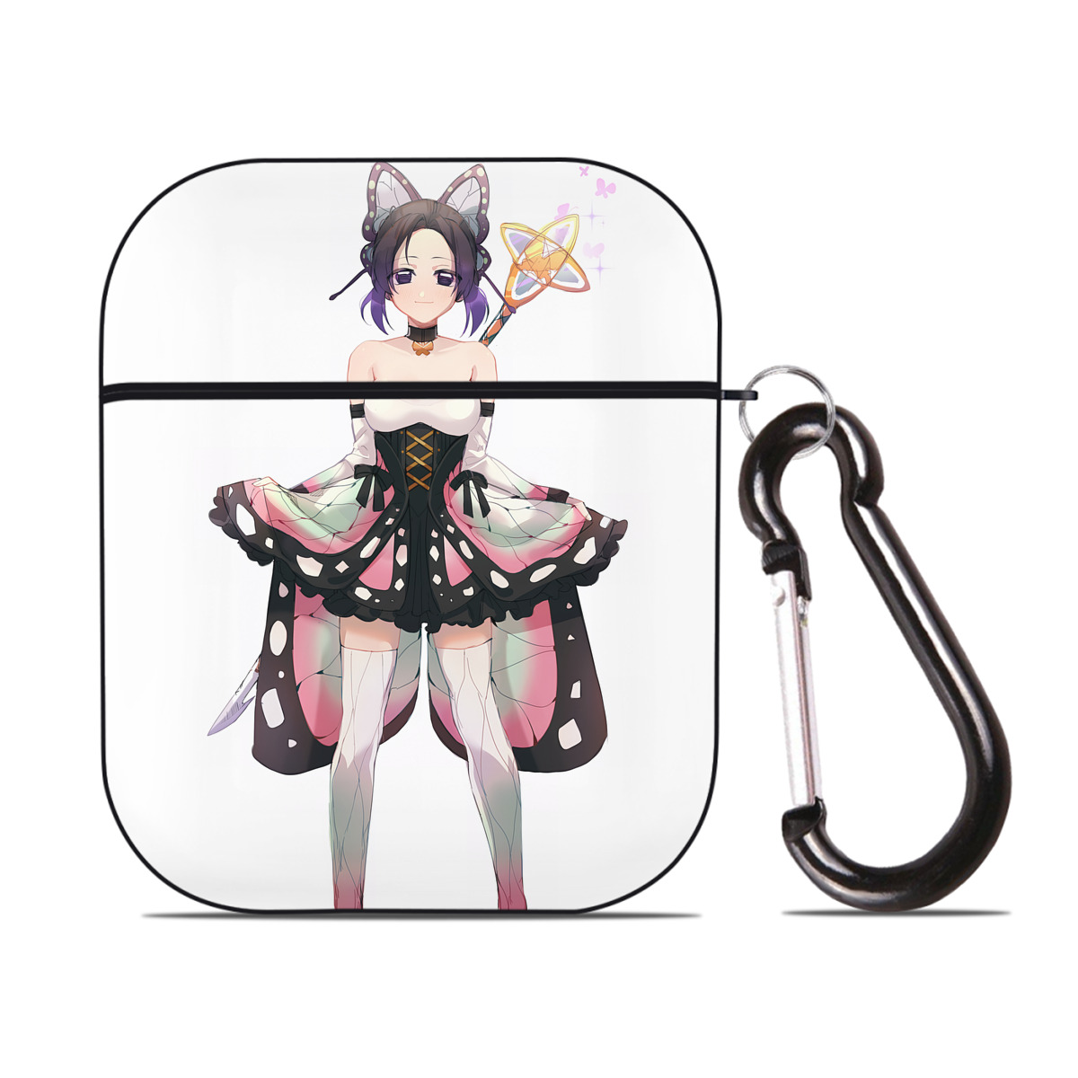 （画像用） 鬼滅の刃（きめつのやいば）蟲柱-胡蝶 しのぶ／こちょう しのぶ Kochou Shinobu AirPods 第2世代保護ケース ハードシェル ブラック 耐衝撃・防指紋・カラビナ付き