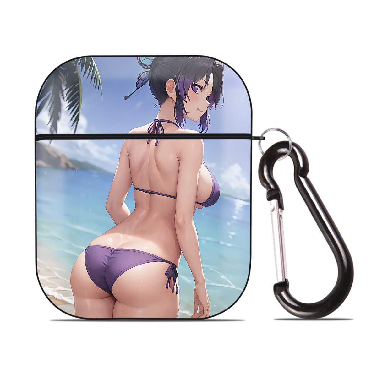 （画像用） 鬼滅の刃（きめつのやいば）蟲柱-胡蝶 しのぶ／こちょう しのぶ Kochou Shinobu AirPods 第2世代保護ケース ハードシェル ブラック 耐衝撃・防指紋・カラビナ付き