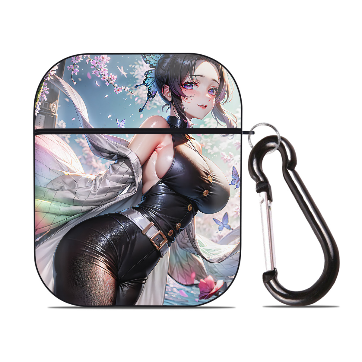（画像用） 鬼滅の刃（きめつのやいば）蟲柱-胡蝶 しのぶ／こちょう しのぶ Kochou Shinobu AirPods 第2世代保護ケース ハードシェル ブラック 耐衝撃・防指紋・カラビナ付き