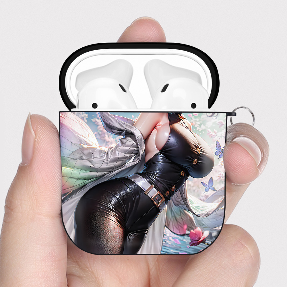 （画像用） 鬼滅の刃（きめつのやいば）蟲柱-胡蝶 しのぶ／こちょう しのぶ Kochou Shinobu AirPods 第2世代保護ケース ハードシェル ブラック 耐衝撃・防指紋・カラビナ付き