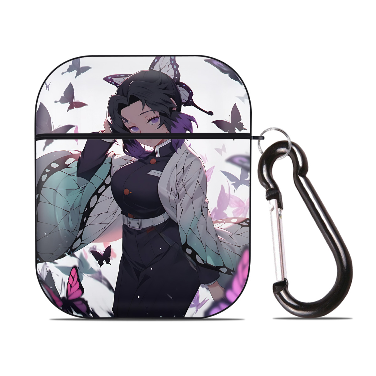 （画像用） 鬼滅の刃（きめつのやいば）蟲柱-胡蝶 しのぶ／こちょう しのぶ Kochou Shinobu AirPods 第2世代保護ケース ハードシェル ブラック 耐衝撃・防指紋・カラビナ付き