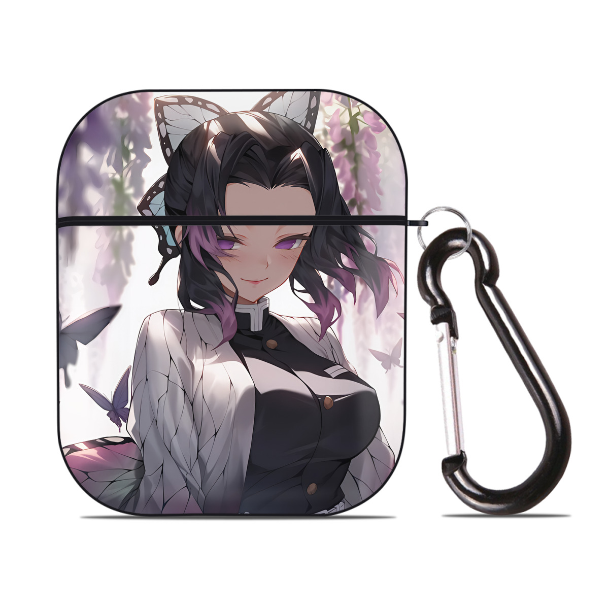 （画像用） 鬼滅の刃（きめつのやいば）蟲柱-胡蝶 しのぶ／こちょう しのぶ Kochou Shinobu AirPods 第2世代保護ケース ハードシェル ブラック 耐衝撃・防指紋・カラビナ付き