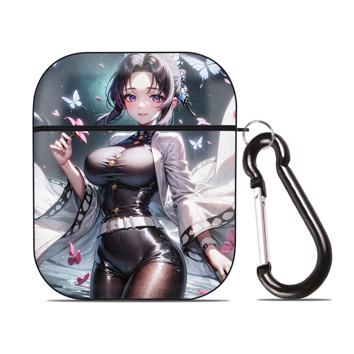 （画像用） 鬼滅の刃（きめつのやいば）蟲柱-胡蝶 しのぶ／こちょう しのぶ Kochou Shinobu AirPods 第2世代保護ケース ハードシェル ブラック 耐衝撃・防指紋・カラビナ付き