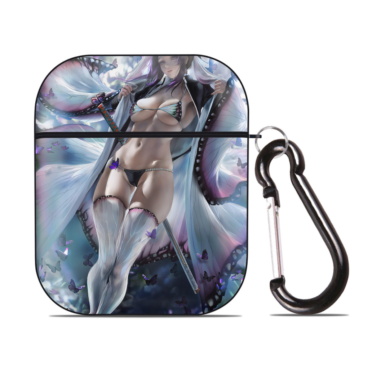（画像用） 鬼滅の刃（きめつのやいば）蟲柱-胡蝶 しのぶ／こちょう しのぶ Kochou Shinobu AirPods 第2世代保護ケース ハードシェル ブラック 耐衝撃・防指紋・カラビナ付き