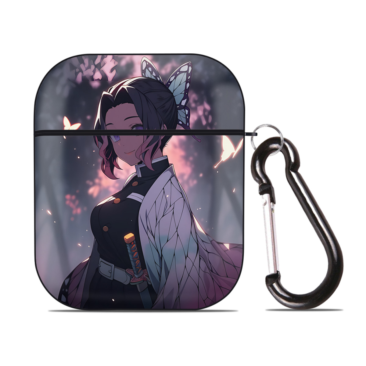 （画像用） 鬼滅の刃（きめつのやいば）蟲柱-胡蝶 しのぶ／こちょう しのぶ Kochou Shinobu AirPods 第2世代保護ケース ハードシェル ブラック 耐衝撃・防指紋・カラビナ付き