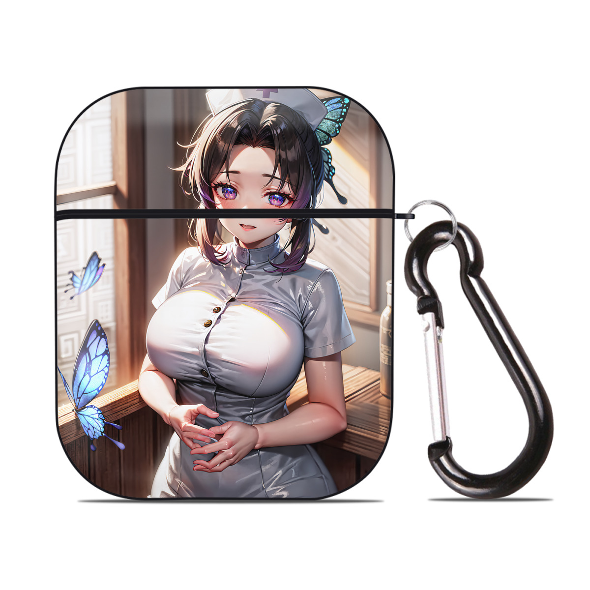 （画像用） 鬼滅の刃（きめつのやいば）蟲柱-胡蝶 しのぶ／こちょう しのぶ Kochou Shinobu AirPods 第2世代保護ケース ハードシェル ブラック 耐衝撃・防指紋・カラビナ付き