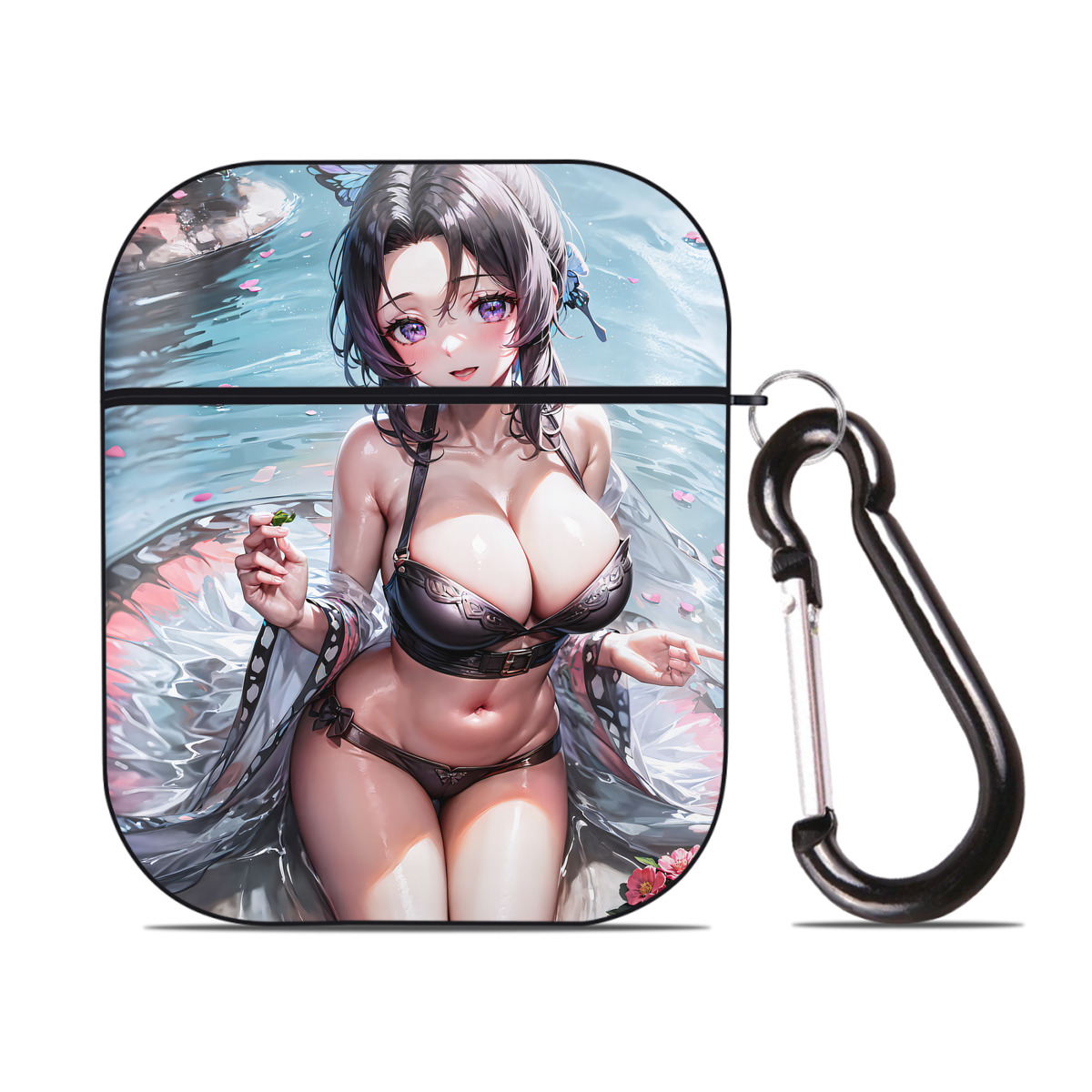 （画像用） 鬼滅の刃（きめつのやいば）蟲柱-胡蝶 しのぶ／こちょう しのぶ Kochou Shinobu AirPods 第2世代保護ケース ハードシェル ブラック 耐衝撃・防指紋・カラビナ付き