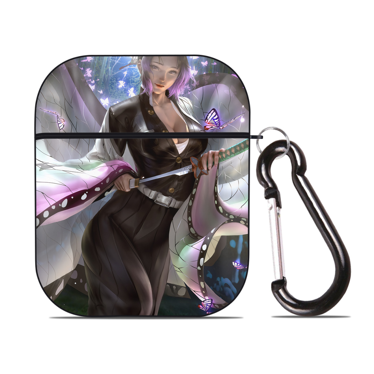（画像用） 鬼滅の刃（きめつのやいば）蟲柱-胡蝶 しのぶ／こちょう しのぶ Kochou Shinobu AirPods 第2世代保護ケース ハードシェル ブラック 耐衝撃・防指紋・カラビナ付き