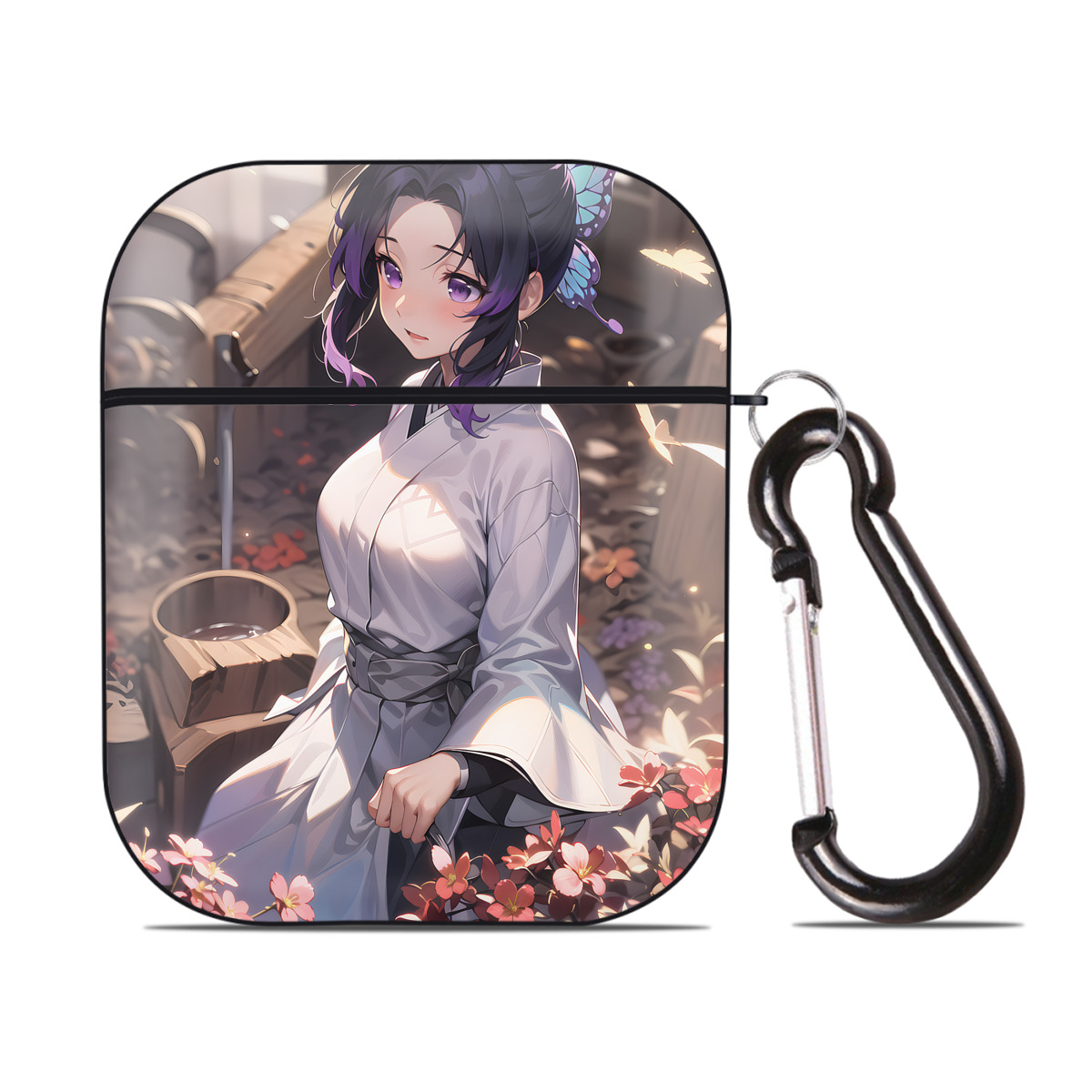 （画像用） 鬼滅の刃（きめつのやいば）蟲柱-胡蝶 しのぶ／こちょう しのぶ Kochou Shinobu AirPods 第2世代保護ケース ハードシェル ブラック 耐衝撃・防指紋・カラビナ付き