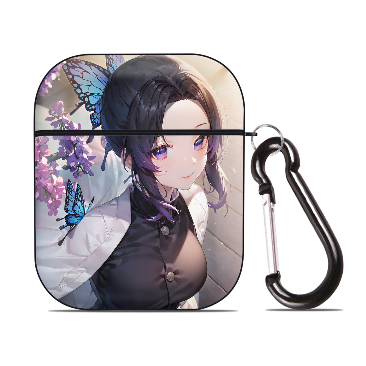 （画像用） 鬼滅の刃（きめつのやいば）蟲柱-胡蝶 しのぶ／こちょう しのぶ Kochou Shinobu AirPods 第2世代保護ケース ハードシェル ブラック 耐衝撃・防指紋・カラビナ付き