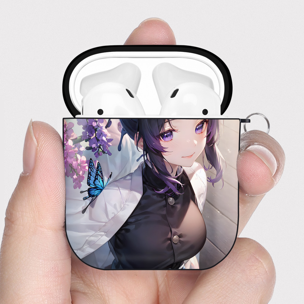 （画像用） 鬼滅の刃（きめつのやいば）蟲柱-胡蝶 しのぶ／こちょう しのぶ Kochou Shinobu AirPods 第2世代保護ケース ハードシェル ブラック 耐衝撃・防指紋・カラビナ付き