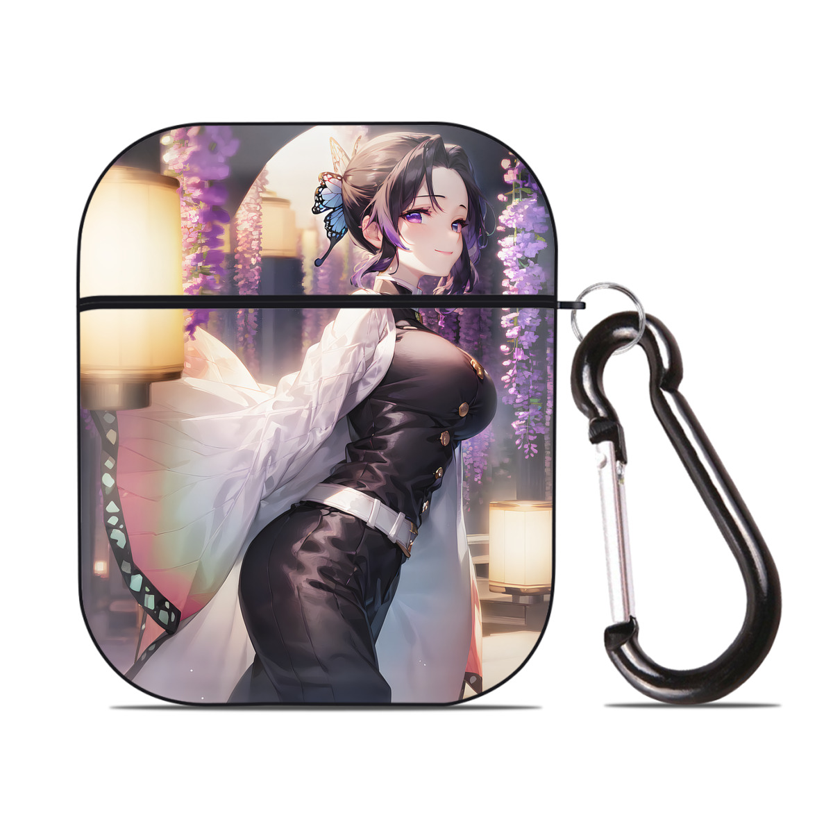 （画像用） 鬼滅の刃（きめつのやいば）蟲柱-胡蝶 しのぶ／こちょう しのぶ Kochou Shinobu AirPods 第2世代保護ケース ハードシェル ブラック 耐衝撃・防指紋・カラビナ付き
