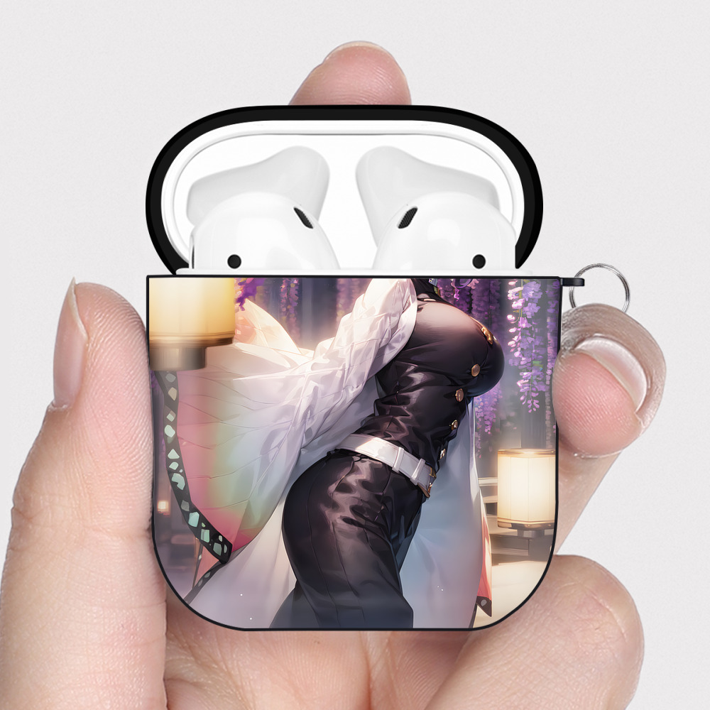 （画像用） 鬼滅の刃（きめつのやいば）蟲柱-胡蝶 しのぶ／こちょう しのぶ Kochou Shinobu AirPods 第2世代保護ケース ハードシェル ブラック 耐衝撃・防指紋・カラビナ付き