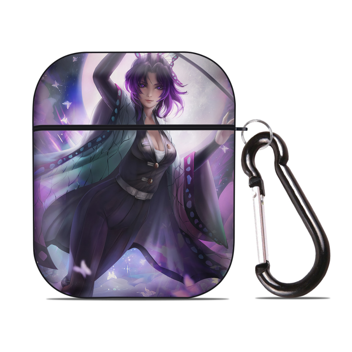 （画像用） 鬼滅の刃（きめつのやいば）蟲柱-胡蝶 しのぶ／こちょう しのぶ Kochou Shinobu AirPods 第2世代保護ケース ハードシェル ブラック 耐衝撃・防指紋・カラビナ付き