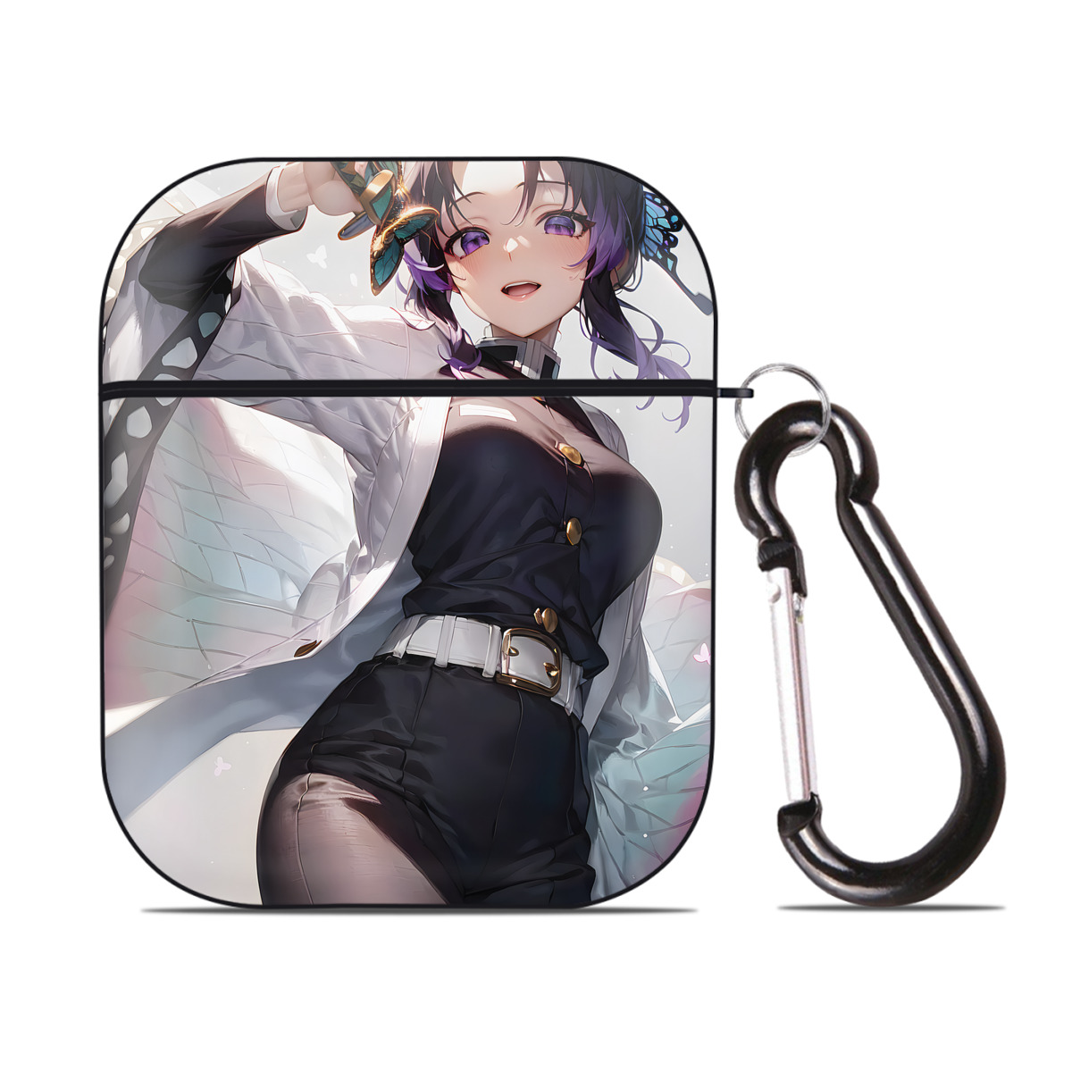 （画像用） 鬼滅の刃（きめつのやいば）蟲柱-胡蝶 しのぶ／こちょう しのぶ Kochou Shinobu AirPods 第2世代保護ケース ハードシェル ブラック 耐衝撃・防指紋・カラビナ付き