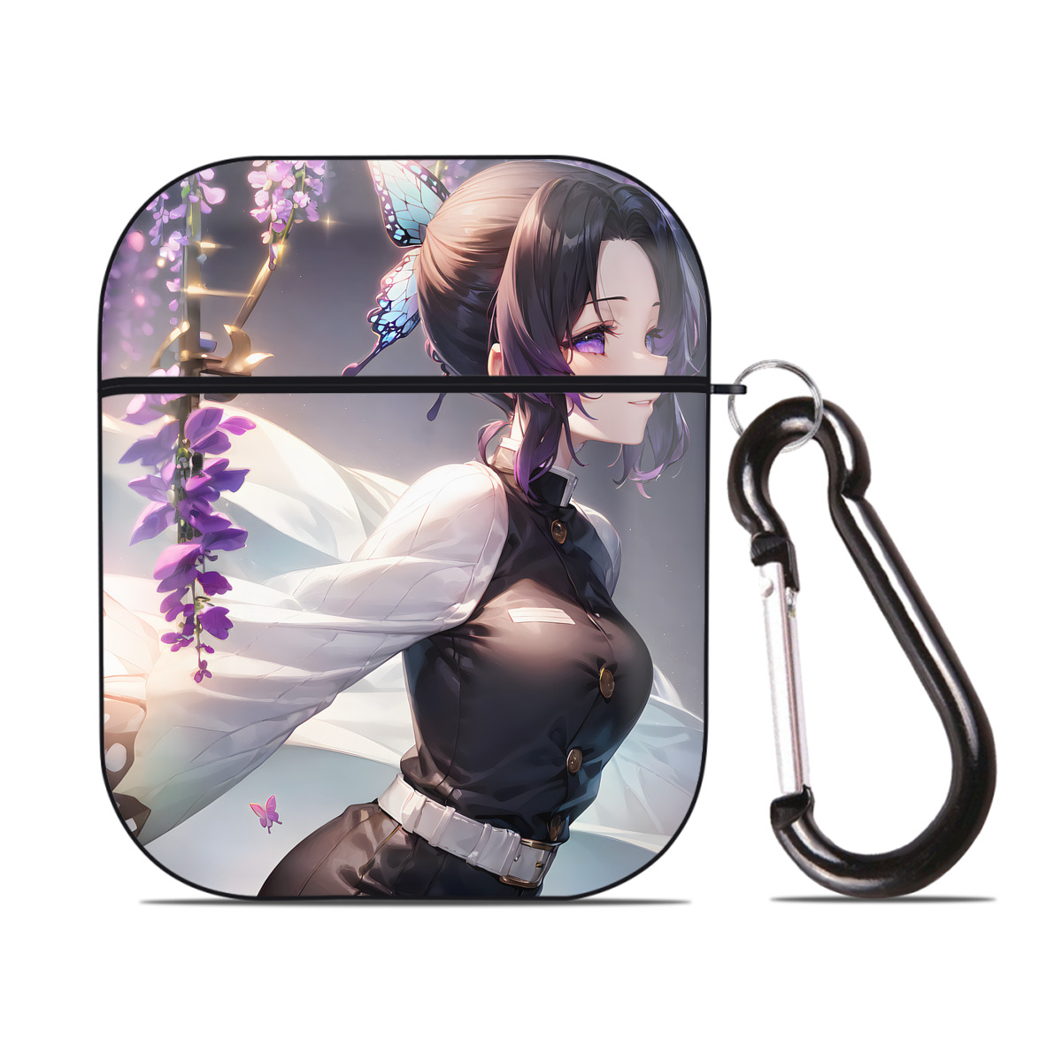 （画像用） 鬼滅の刃（きめつのやいば）蟲柱-胡蝶 しのぶ／こちょう しのぶ Kochou Shinobu AirPods 第2世代保護ケース ハードシェル ブラック 耐衝撃・防指紋・カラビナ付き