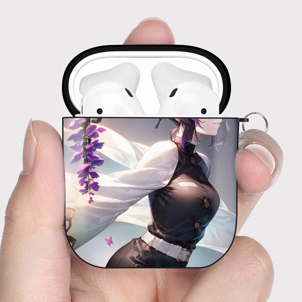 （画像用） 鬼滅の刃（きめつのやいば）蟲柱-胡蝶 しのぶ／こちょう しのぶ Kochou Shinobu AirPods 第2世代保護ケース ハードシェル ブラック 耐衝撃・防指紋・カラビナ付き