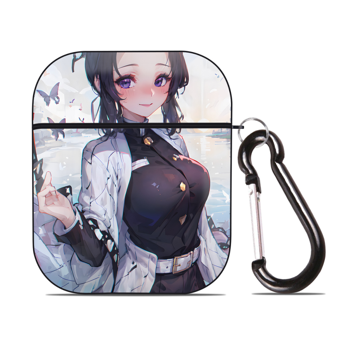 （画像用） 鬼滅の刃（きめつのやいば）蟲柱-胡蝶 しのぶ／こちょう しのぶ Kochou Shinobu AirPods 第2世代保護ケース ハードシェル ブラック 耐衝撃・防指紋・カラビナ付き