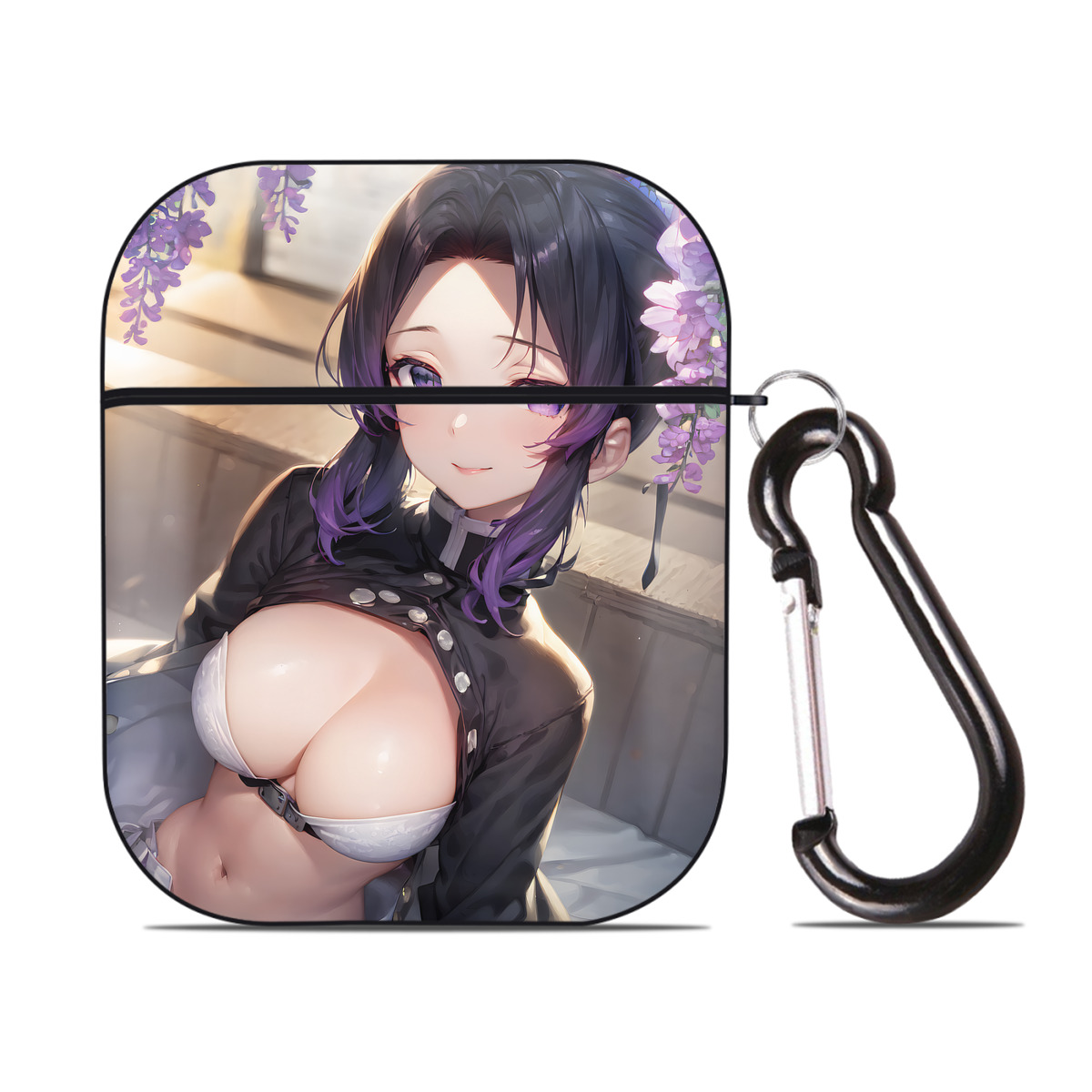 （画像用） 鬼滅の刃（きめつのやいば）蟲柱-胡蝶 しのぶ／こちょう しのぶ Kochou Shinobu AirPods 第2世代保護ケース ハードシェル ブラック 耐衝撃・防指紋・カラビナ付き