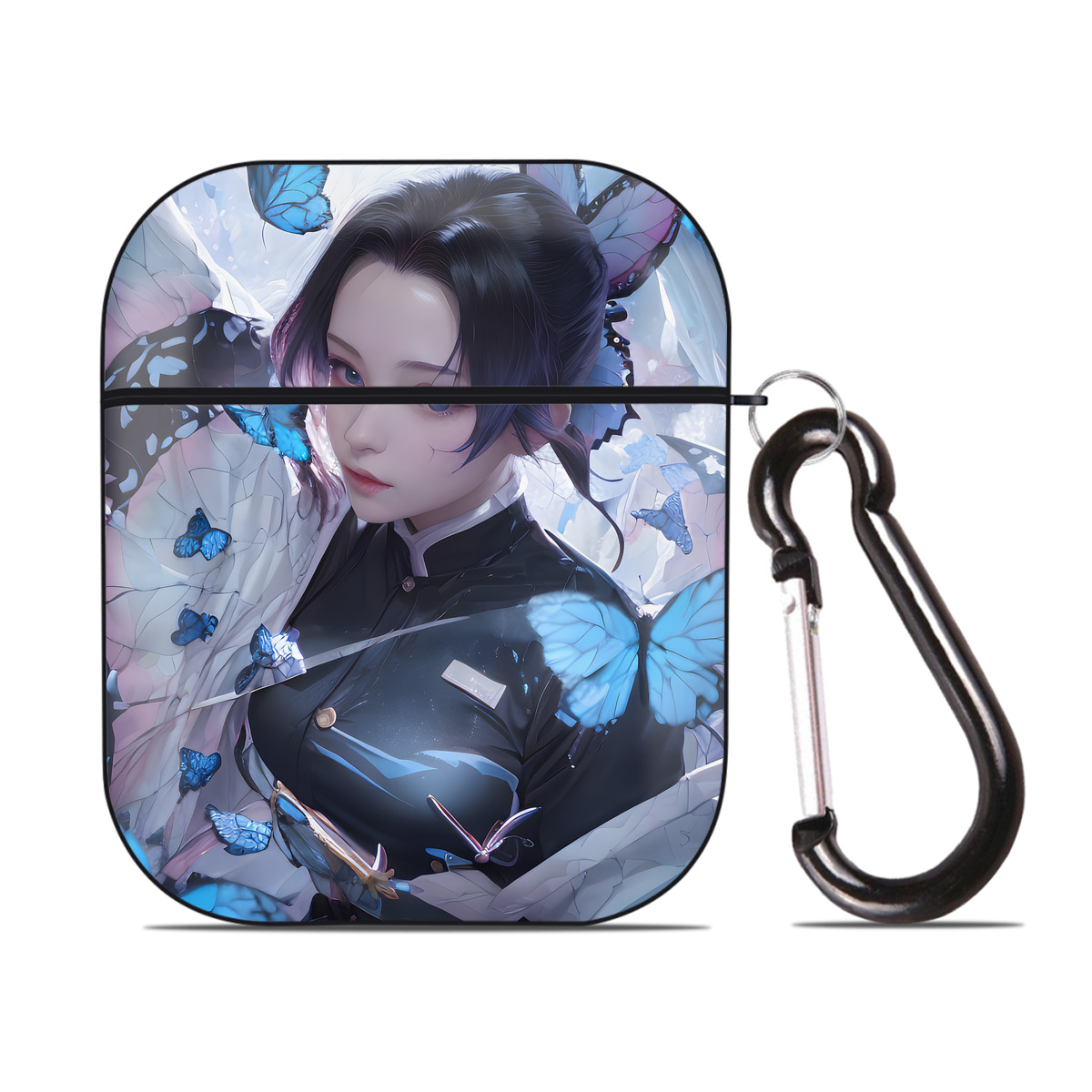 （画像用） 鬼滅の刃（きめつのやいば）蟲柱-胡蝶 しのぶ／こちょう しのぶ Kochou Shinobu AirPods 第2世代保護ケース ハードシェル ブラック 耐衝撃・防指紋・カラビナ付き
