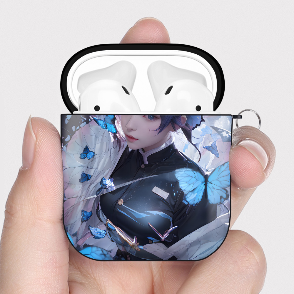 （画像用） 鬼滅の刃（きめつのやいば）蟲柱-胡蝶 しのぶ／こちょう しのぶ Kochou Shinobu AirPods 第2世代保護ケース ハードシェル ブラック 耐衝撃・防指紋・カラビナ付き