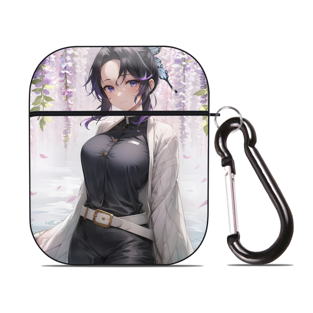 （画像用） 鬼滅の刃（きめつのやいば）蟲柱-胡蝶 しのぶ／こちょう しのぶ Kochou Shinobu AirPods 第2世代保護ケース ハードシェル ブラック 耐衝撃・防指紋・カラビナ付き