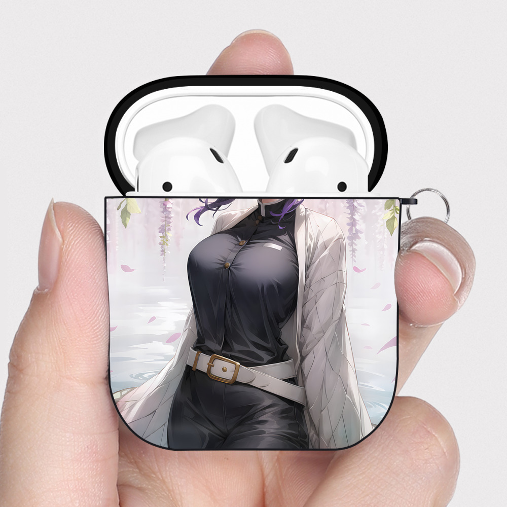 （画像用） 鬼滅の刃（きめつのやいば）蟲柱-胡蝶 しのぶ／こちょう しのぶ Kochou Shinobu AirPods 第2世代保護ケース ハードシェル ブラック 耐衝撃・防指紋・カラビナ付き