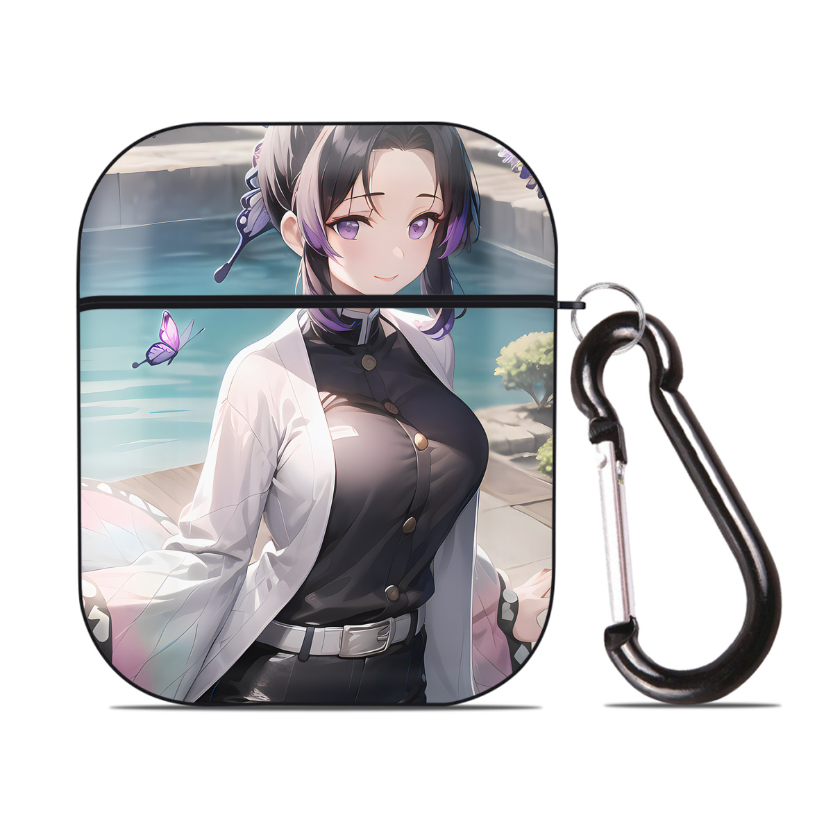 （画像用） 鬼滅の刃（きめつのやいば）蟲柱-胡蝶 しのぶ／こちょう しのぶ Kochou Shinobu AirPods 第2世代保護ケース ハードシェル ブラック 耐衝撃・防指紋・カラビナ付き