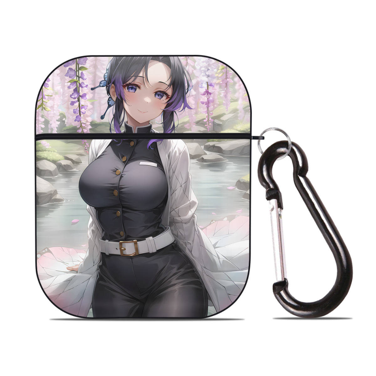 （画像用） 鬼滅の刃（きめつのやいば）蟲柱-胡蝶 しのぶ／こちょう しのぶ Kochou Shinobu AirPods 第2世代保護ケース ハードシェル ブラック 耐衝撃・防指紋・カラビナ付き