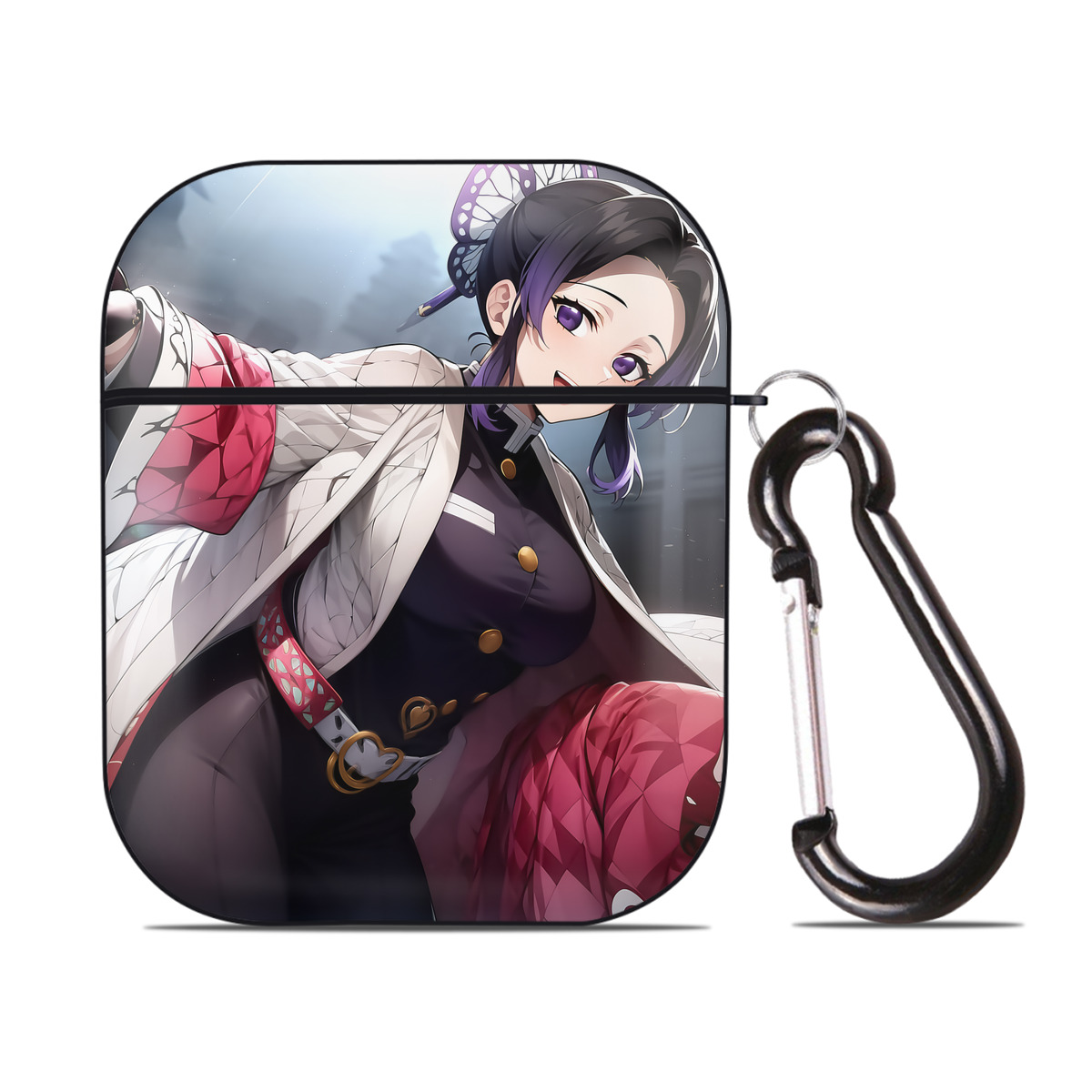 （画像用） 鬼滅の刃（きめつのやいば）蟲柱-胡蝶 しのぶ／こちょう しのぶ Kochou Shinobu AirPods 第2世代保護ケース ハードシェル ブラック 耐衝撃・防指紋・カラビナ付き