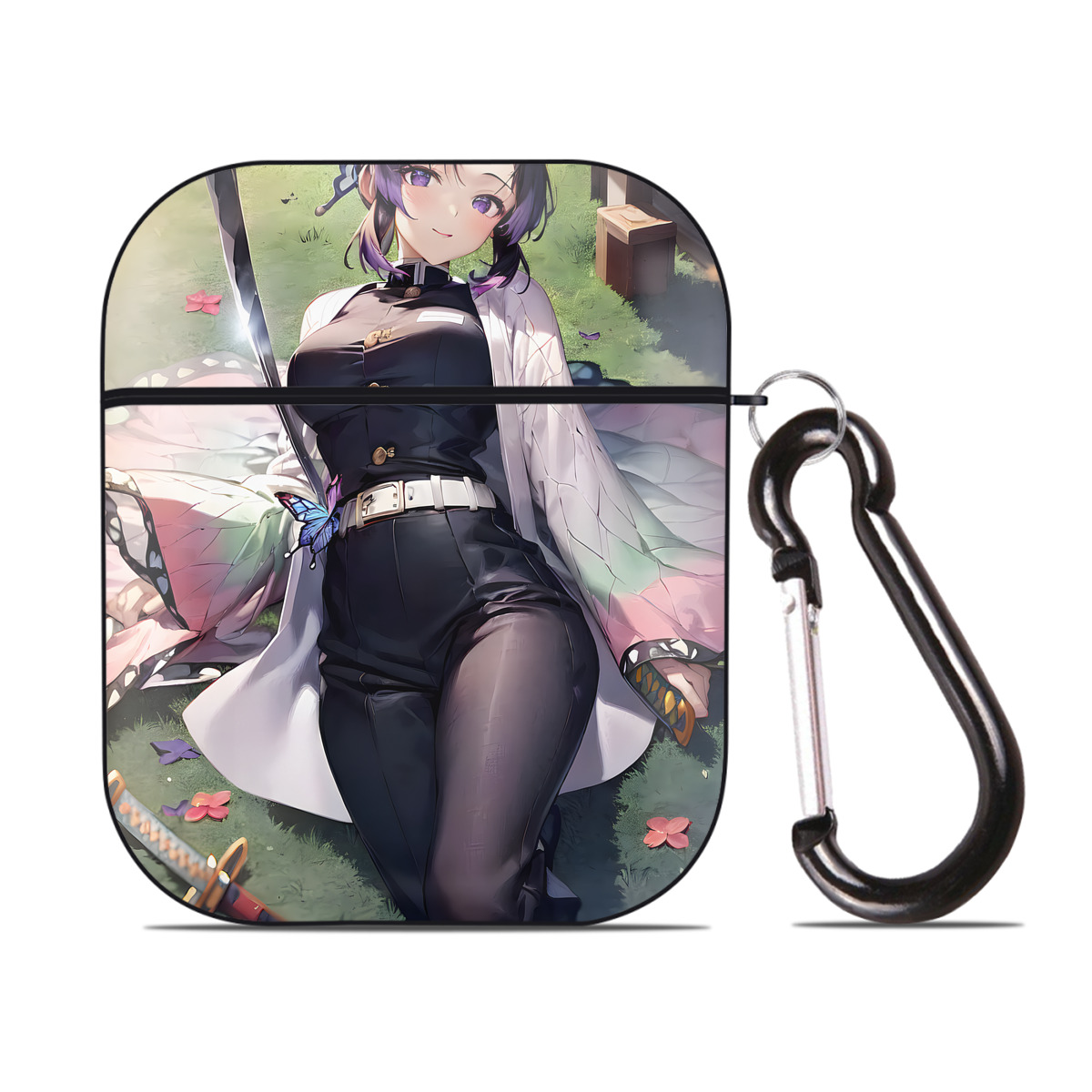 （画像用） 鬼滅の刃（きめつのやいば）蟲柱-胡蝶 しのぶ／こちょう しのぶ Kochou Shinobu AirPods 第2世代保護ケース ハードシェル ブラック 耐衝撃・防指紋・カラビナ付き