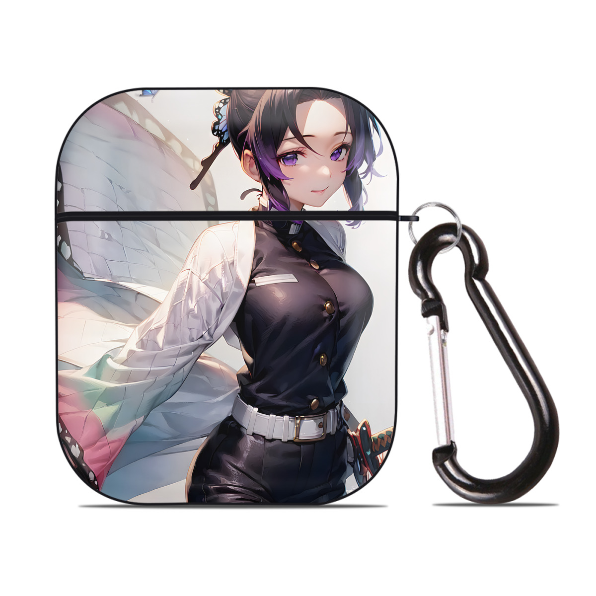 （画像用） 鬼滅の刃（きめつのやいば）蟲柱-胡蝶 しのぶ／こちょう しのぶ Kochou Shinobu AirPods 第2世代保護ケース ハードシェル ブラック 耐衝撃・防指紋・カラビナ付き
