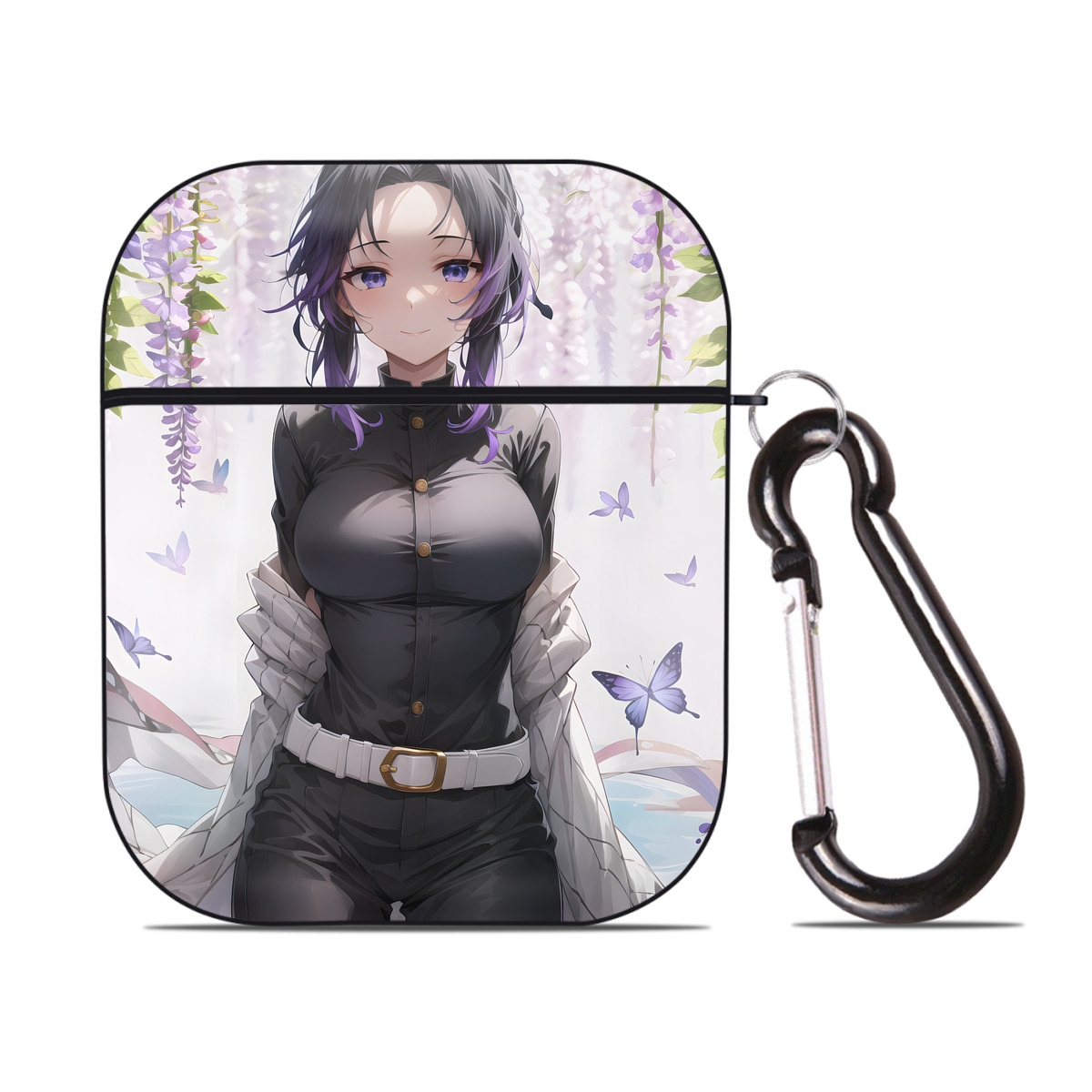 （画像用） 鬼滅の刃（きめつのやいば）蟲柱-胡蝶 しのぶ／こちょう しのぶ Kochou Shinobu AirPods 第2世代保護ケース ハードシェル ブラック 耐衝撃・防指紋・カラビナ付き