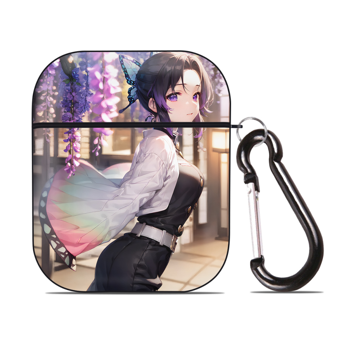 （画像用） 鬼滅の刃（きめつのやいば）蟲柱-胡蝶 しのぶ／こちょう しのぶ Kochou Shinobu AirPods 第2世代保護ケース ハードシェル ブラック 耐衝撃・防指紋・カラビナ付き