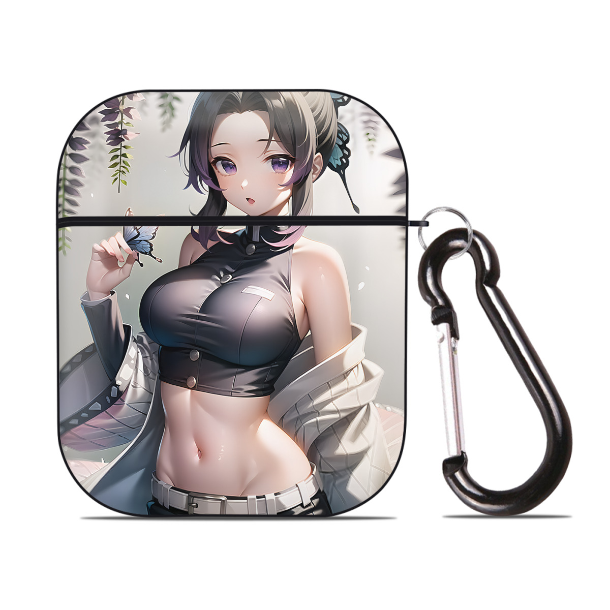 （画像用） 鬼滅の刃（きめつのやいば）蟲柱-胡蝶 しのぶ／こちょう しのぶ Kochou Shinobu AirPods 第2世代保護ケース ハードシェル ブラック 耐衝撃・防指紋・カラビナ付き