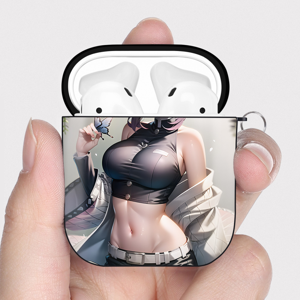 （画像用） 鬼滅の刃（きめつのやいば）蟲柱-胡蝶 しのぶ／こちょう しのぶ Kochou Shinobu AirPods 第2世代保護ケース ハードシェル ブラック 耐衝撃・防指紋・カラビナ付き