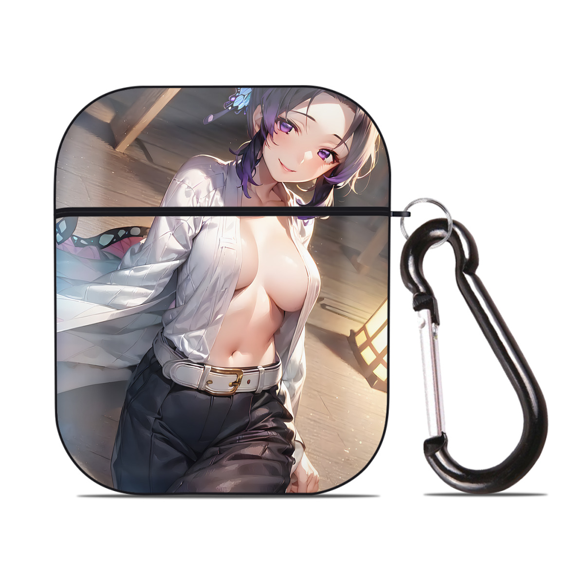 （画像用） 鬼滅の刃（きめつのやいば）蟲柱-胡蝶 しのぶ／こちょう しのぶ Kochou Shinobu AirPods 第2世代保護ケース ハードシェル ブラック 耐衝撃・防指紋・カラビナ付き