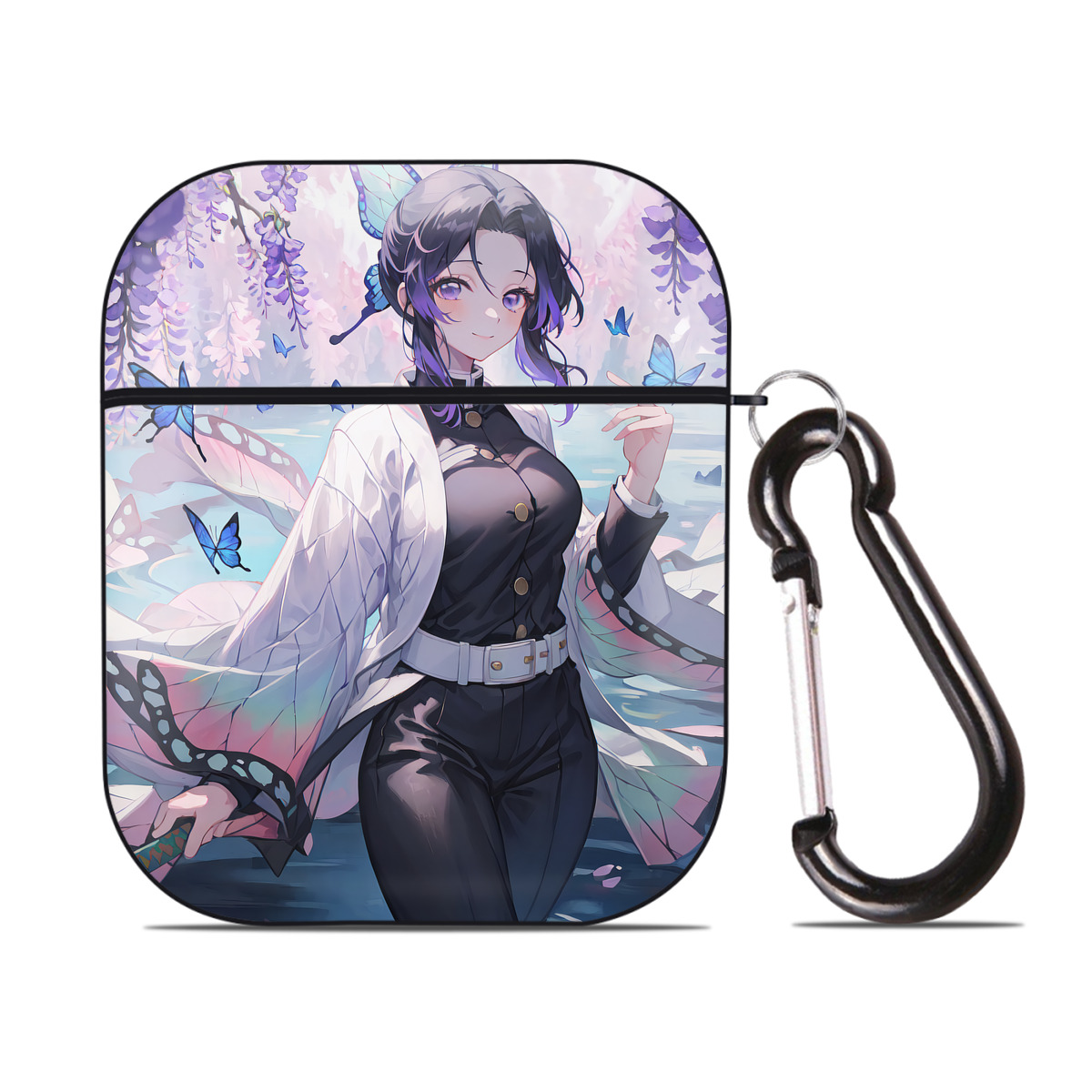 （画像用） 鬼滅の刃（きめつのやいば）蟲柱-胡蝶 しのぶ／こちょう しのぶ Kochou Shinobu AirPods 第2世代保護ケース ハードシェル ブラック 耐衝撃・防指紋・カラビナ付き