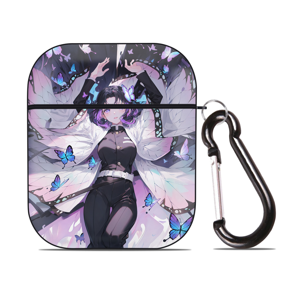 （画像用） 鬼滅の刃（きめつのやいば）蟲柱-胡蝶 しのぶ／こちょう しのぶ Kochou Shinobu AirPods 第2世代保護ケース ハードシェル ブラック 耐衝撃・防指紋・カラビナ付き