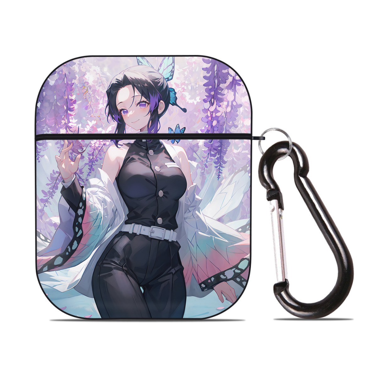 （画像用） 鬼滅の刃（きめつのやいば）蟲柱-胡蝶 しのぶ／こちょう しのぶ Kochou Shinobu AirPods 第2世代保護ケース ハードシェル ブラック 耐衝撃・防指紋・カラビナ付き