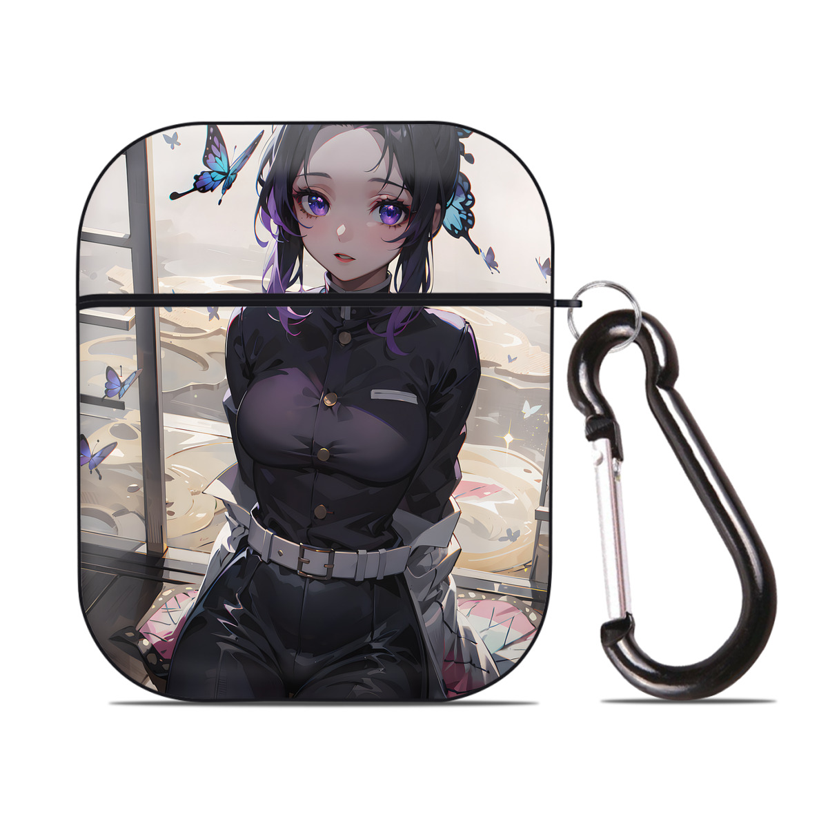 （画像用） 鬼滅の刃（きめつのやいば）蟲柱-胡蝶 しのぶ／こちょう しのぶ Kochou Shinobu AirPods 第2世代保護ケース ハードシェル ブラック 耐衝撃・防指紋・カラビナ付き