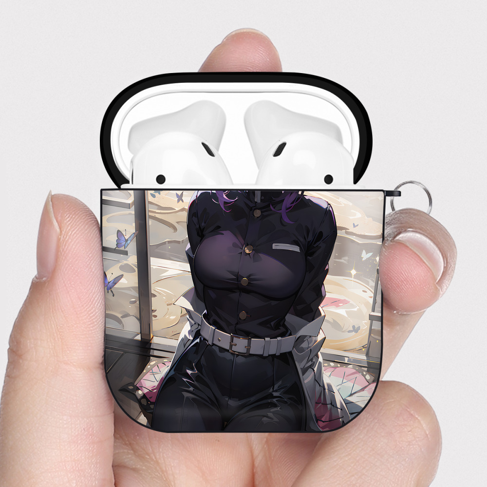 （画像用） 鬼滅の刃（きめつのやいば）蟲柱-胡蝶 しのぶ／こちょう しのぶ Kochou Shinobu AirPods 第2世代保護ケース ハードシェル ブラック 耐衝撃・防指紋・カラビナ付き