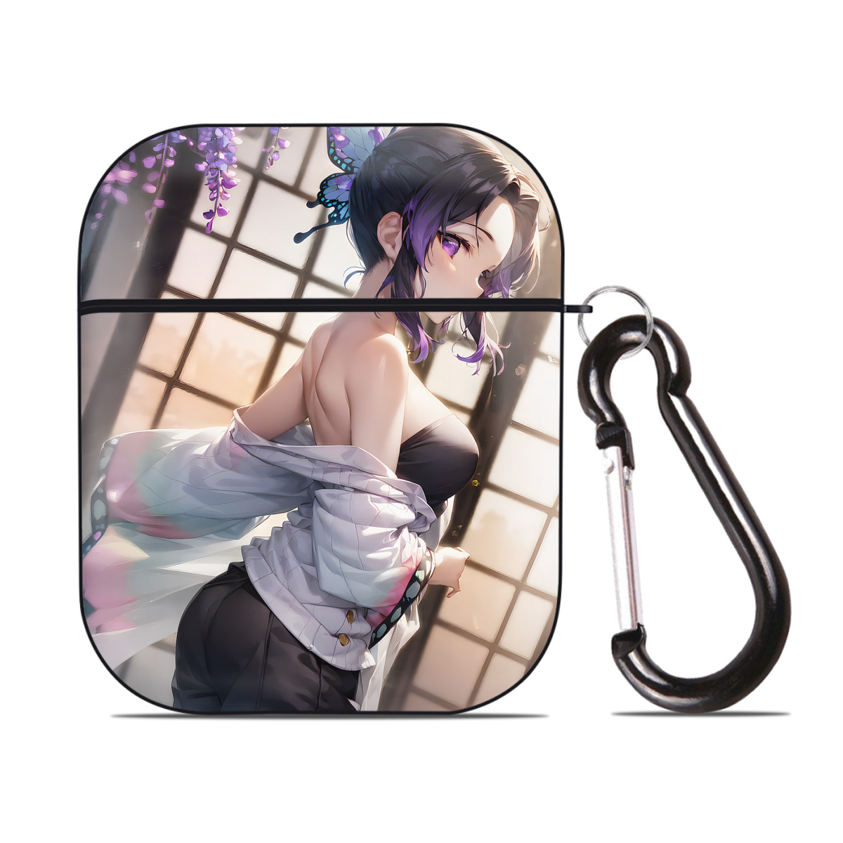 （画像用） 鬼滅の刃（きめつのやいば）蟲柱-胡蝶 しのぶ／こちょう しのぶ Kochou Shinobu AirPods 第2世代保護ケース ハードシェル ブラック 耐衝撃・防指紋・カラビナ付き