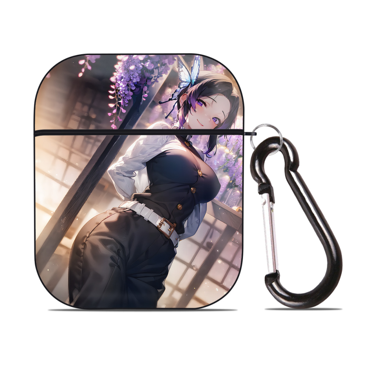 （画像用） 鬼滅の刃（きめつのやいば）蟲柱-胡蝶 しのぶ／こちょう しのぶ Kochou Shinobu AirPods 第2世代保護ケース ハードシェル ブラック 耐衝撃・防指紋・カラビナ付き